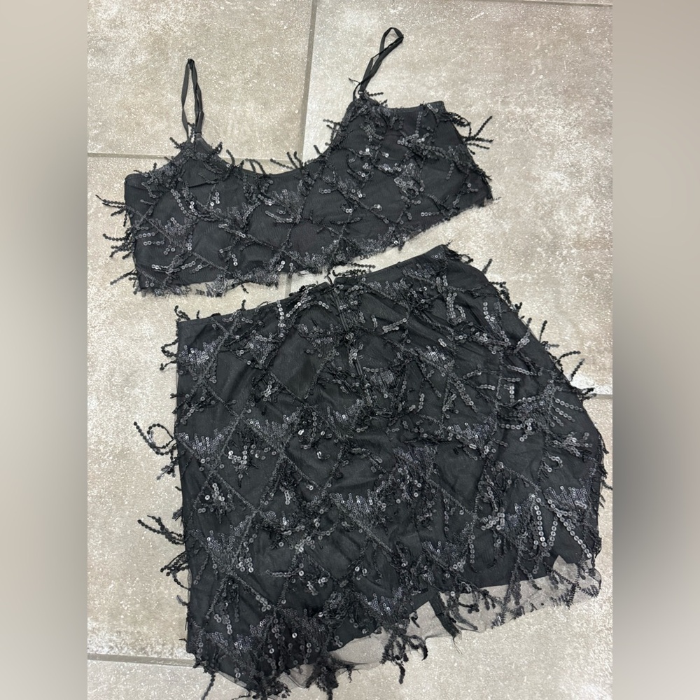 Showpo Black Beaded Fringe Crop Top & Mini Skirt Set